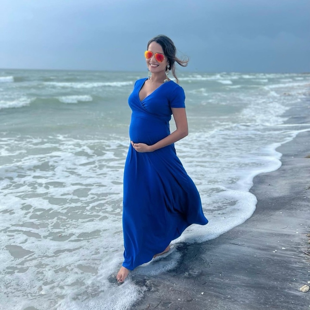 Maternity friendly blue maxi dress